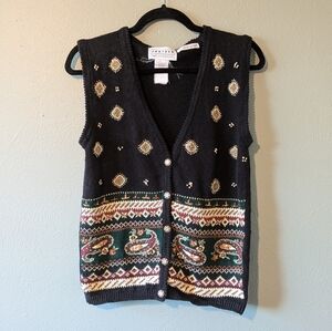Vintage Embroidered Paisley Hand Made Knit Sweater Vest Size S